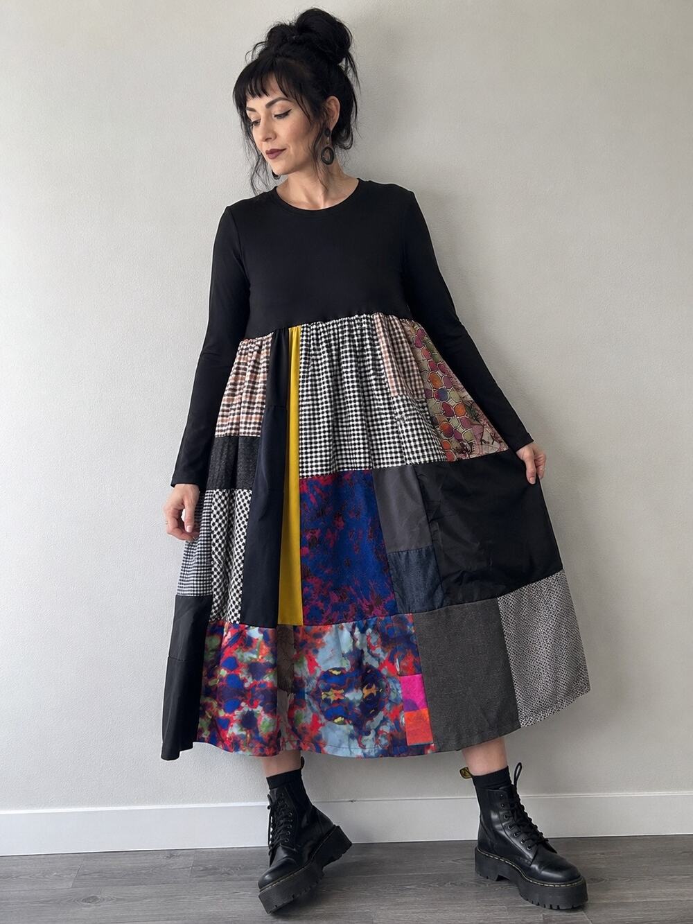 Wendy Trendy Dress O/S Italy Patchwork Blk Mixed Print Long Sleeve Boho Artsy